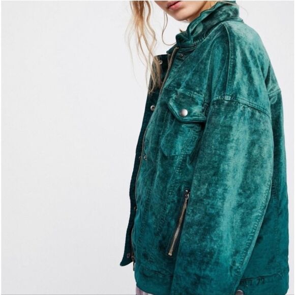 Free People Emerald Green Velvet Trucker Jacket with Silver Buttons Size Xs - Picture 12 of 16